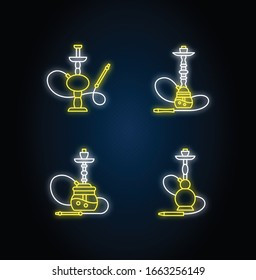 Hookah neon light icons set. Hooka bar for peaceful leisure. Sheesha house. Nargile lounge. Odor from pipe. Scent of vaporizing. Signs with outer glowing effect. Vector isolated RGB color illustration