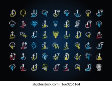 Iconos de luz de neón Hookah conjunto. Casa Sheesha. Salón Nargile. Olor de la tubería. El olor a vaporización. Zona de fumadores. emblema de fragancia. Signos con efecto luminoso exterior. Ilustración de color RGB aislada por vectores