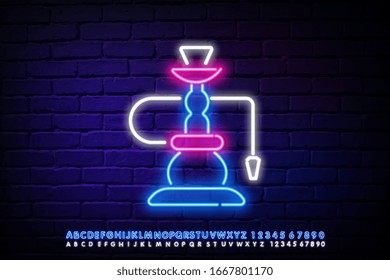 Signo de neón Hookah vectorial. Logo de Hookah Lounge en estilo neón diseño patrón brillante publicidad noche Hookah, elemento de diseño de banner claro. Ilustración del vector