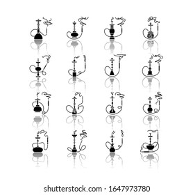 Hookah con el olor caer sombra de los iconos de glifo negro conjunto. Fuga de incandescencia de la tubería de agua. Tabaco, marihuana. Bar Sheesha. Zona de fumadores. Bar árabe. Ilustraciones vectoriales aisladas en el espacio blanco