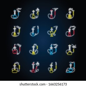 Hookah con los íconos de luz de neón olor. Fuga de incandescencia de la tubería de agua. Tabaco, marihuana. Bar Sheesha. Zona de fumadores. Bar árabe. Signos con efecto luminoso exterior. Imágenes de color RGB aisladas por vectores