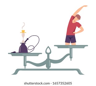 Hookah is on One Side of Scale, Exercising Man on the Other, Scales with Bad and Good Habits, Choosing Between Healthy and Unhealthy Lifestyle Flat Vector Illustration