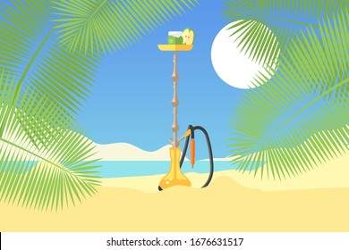 Hookah on tropical sandy beach, green palm tree, sun. Concept and flat vector illustration. Kalyan on sea shore, design web banner, poster with smoking mixture relaxation on beach.