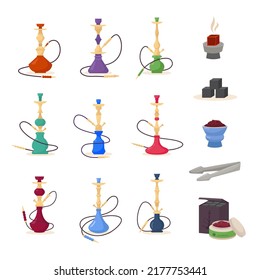 Hookah. oriental bad addiction of hookah smoking. Vector isolated pictures collection in cartoon style