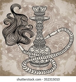 Hookah with oriental ornament and smoke over ornate mandala on aged paper background.Vintage vector hand drawn illustration