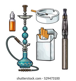 Hookah, pack, ashtray, electronic cigarette and tobacco e-liquid, sketch vector illustration isolated on white background. Hand drawn hookah, electronic and usual cigarettes, ashtray