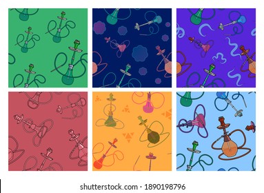 Hookah patterns. Suitable for website backgrounds or gift wrapping. Six different variations in different colors.