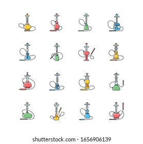 Hookah RGB color icons set. Sheesha bar. Hooka accessories. Smoke area. Vapor, vaping. Tobacco option. Arabic lounge. Accessories for oriental shisha. Isolated vector illustrations