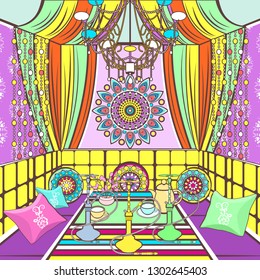 Hookah room ornate decorated in oriental style, cartoon drawing, vector illustration. Bright colorful room with sofa with pillows, decorated patterns and ornaments, table with hookah, rich interior