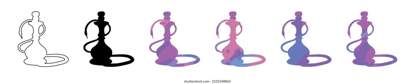 Hookah set, black silhouette, outline, and colored versions. Isolated on a white background. Flat design. Concept of smoking culture, hookah design, lifestyle, and shisha. Design elements