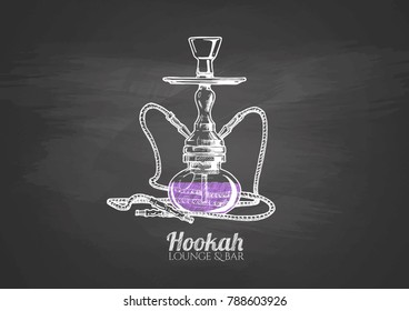 Hookah set drawn with chalk on blackboard. Lounge and bar.