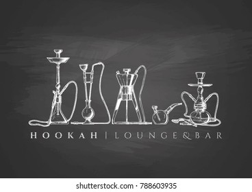 Hookah dibujado con tiza en la pizarra. Salón y bar.