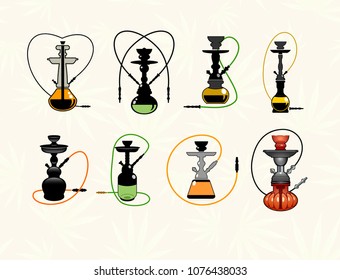 Hookah set . Hookahs icons of various shapes. Collection smoking hookahs vector illustration. Arab hookahs isolated on Marijuana leaves sgreen background.
