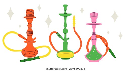 Hookah. Moderno bar salón de dibujo o elementos de la tienda de humo, equipo para fumar tabaco en árabe. Calabash con matraces y tubos de vidrio, dibujos animados vectoriales contemporáneos brillantes ilustración aislada plana