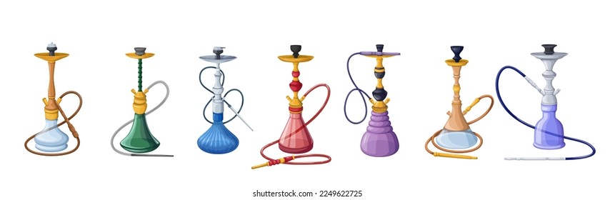 Hookah set vector illustration. Cartoon isolated glass Arabic hookahs collection for lounge club and Turkish bar, pipe equipment to smoke traditional aroma tobacco, Arabian shisha for relaxation