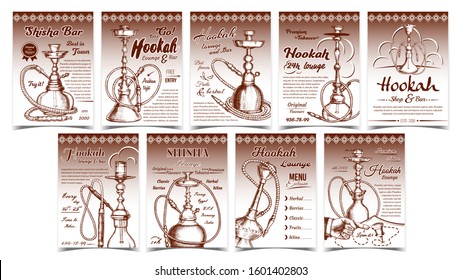Hookah And Shisha Advertising Posters Set Vector. Collection Of Different Banners With Arabian Traditional Smoking Hookah Lounge. Smoke Relaxation Aroma Tobacco Equipment Monochrome Illustrations