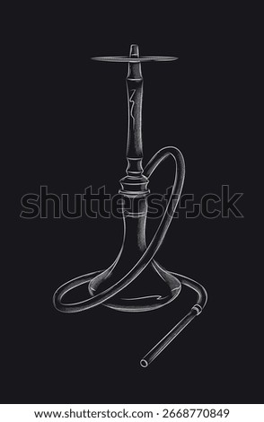 Hookah shisha with hose silhouette drawing in vintage graphic style with white on black background
