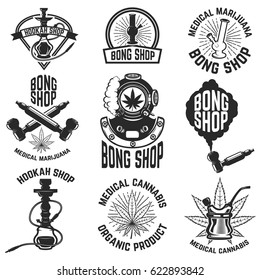 Hookah Shop. Bong Shop. Cannabis. Images For Logo, Label, Emblem, Sign, Poster. Vector Illustration.