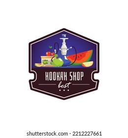 Hookah shop logo or sticker, flat vector illustration isolated on white background. Shisha with flavored tobacco and fresh fruits - watermelon, apple, cherry. Concept of traditional waterpipe smoking.