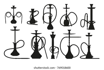 Hookah silhouette set with pipe for smoking tobacco and shisha. Collection isolated on white background. Vector illustration