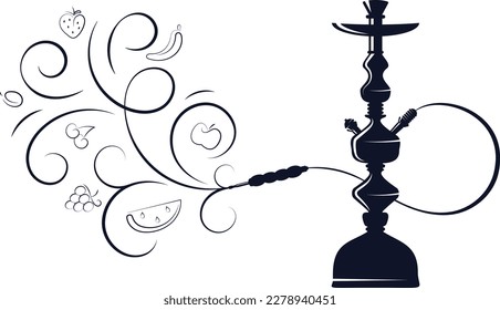 Hookah silhouette with steam and fruit flavors. Design for smoking hookah and relaxing