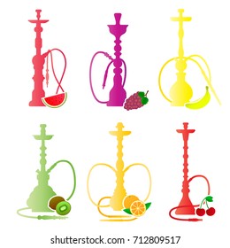 Hookah silhouettes with different fruit flavors. Various flavor additives. Vector circle illustration for hookah menu.