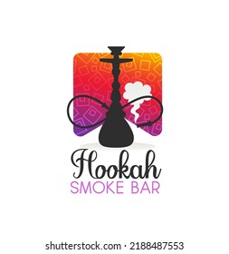 Hookah Smoke Bar Icon Of Vector Shisha Or Hooka Smoking Pipe, Nargile Or Sheesha. Lounge Bar, Tobacco Shop Or Arabic Cafe Isolated Label With Silhouettes Of Hookah Or Shisha And Smoke Cloud