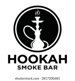 Hookah smoke bar logo with waterpipe and smoke on white background, recreation symbol