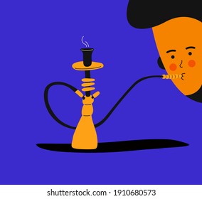Bar Hookah. El concepto de fumar narguile. Hookah con colores de moda y estilo moderno y plano con un hombre que fuma. Lágrima por fumar. Shisha al estilo de las caricaturas.