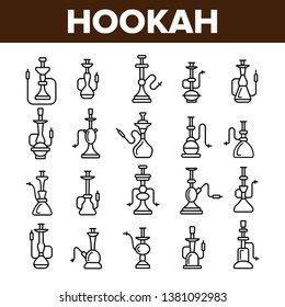 Hookah, Smoking Device Vector Linear Icons Set. Hookah, Nightclub Relax Accessory Thin Line Pictograms Collection. Traditional Oriental Smoking Equipment Contour Illustrations. Lounge Relax Symbols