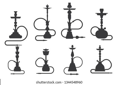 Hookah soholuete  shisha turkish aroma lifestyle oriental culture smoke cloud arabian cafe set vector illustration