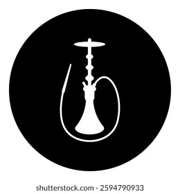 A hookah symbol in the center. Isolated white symbol in black circle. Vector illustration on white background