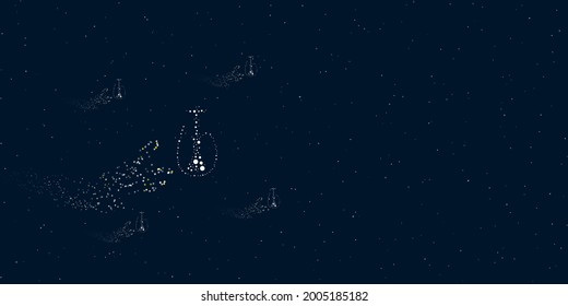 A hookah symbol filled with dots flies through the stars leaving a trail behind. Four small symbols around. Empty space for text on the right. Vector illustration on dark blue background with stars