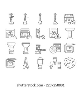 Hookah Tobacco Smoking Collection Icons Set Vector. Nicotine-free And Charcoal For Smoke Indian Or Egyptian Hookah, Silicon Bowl And Glass Bottle Black Contour Illustrations
