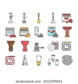 Hookah Tobacco Smoking Collection Icons Set Vector. Nicotine-free And Charcoal For Smoke Indian Or Egyptian Hookah, Silicon Bowl And Glass Bottle Line Pictograms. Contour Color Illustrations