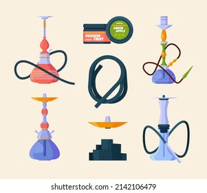 Hookah. Unhealthy exotic turkish smoking tools arab tobacco east symbols garish vector hookah colored pictures