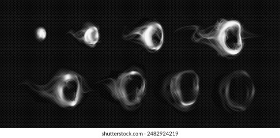 Hookah vape or cigarette smoke circles with grow and disappear sequence steps for animation. Sprite sheet for flying tobacco smoky ring. Realistic 3d vector set of vapor steam circular shape.