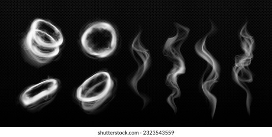 Hookah vape smoke circle and tornado vector effect. 3d realistic abstract white cigarette cloud steam swirl set. Isolated mist flow motion frame and wave curve illustration on black background.