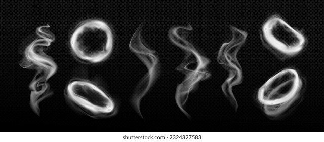 Círculo de humos de humos de hueso de hookah y efecto vector de tornado. 3d juego de remolinos de vapor de nube de cigarrillos blancos abstractos y realistas. Isolación del marco de movimiento de flujo de niebla y de la ilustración de la curva de onda en el fondo negro.