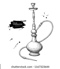 Hookah vector drawing. Hand drawn vintage shisha illustration. Smoking equipment.  Engraved isolated objects. Great for shop label, emblem, sign, packaging