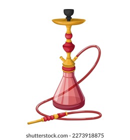 Hookah vector illustration. Cartoon red hooka calabash with long pipe and glass bowl for water to smoke aroma tobacco, shisha or cannabis, traditional nargile accessory for smoking in lounge bar