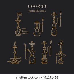 Hookah vector linear icons illustration. Set of gold hookah vector icons isolated on black background. Hookah vector golden  line collection. Smoking hookah vector 