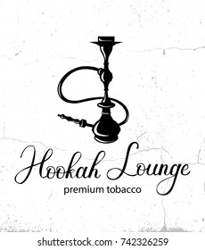 Hookah vector logo design on texture background. Smoking hookah label perfect for lounge cafe emblem, arabian bar or house, shop
