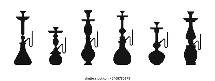 Hookah vector silhouette icons. Hooka with pipe icon set. Traditional shisha smoking symbol.