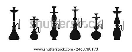 Hookah vector silhouette icons. Hooka with pipe icon set. Traditional shisha smoking symbol.