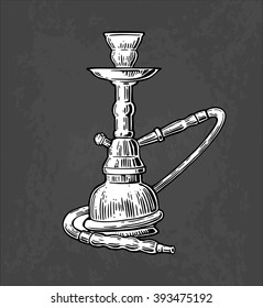 Hookah. Vector vintage engraved white illustration isolated on dark background.