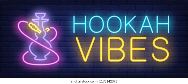 Hookah vibes neon sign. Hookah with pink hoses on brick wall background. Vector illustration in neon style for lounge and club