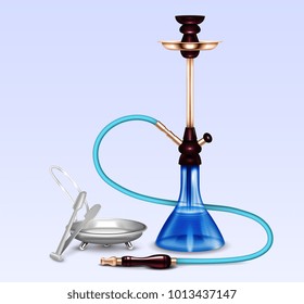 Hookah water pipe hubbly bubby smoking accessories set realistic close-up image with coal tray vector illustration 
