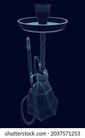 Hookah wireframe made of blue lines isolated on dark background. 3D. Vector illustration