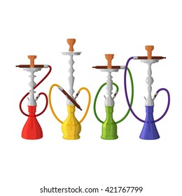 Hookahs. Vector isolated shishas on a white background. Set of realistic multicolored smoking devices. Different sizes and shapes.
